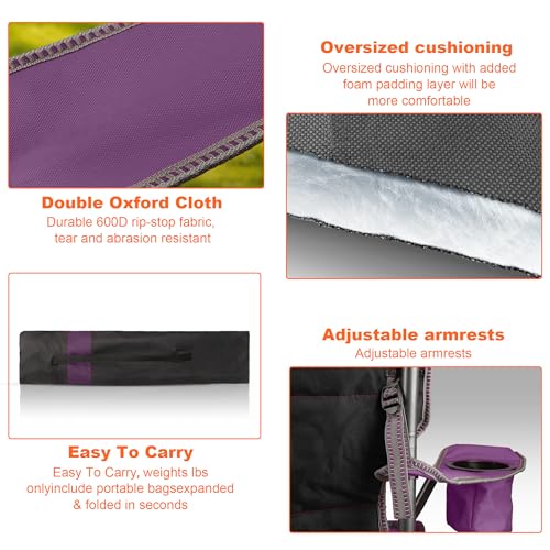 Purple & Black 2 Pack Padded Camping Chairs with Cooler Bag & Cup Holder - Heavy Duty Support 400 lbs