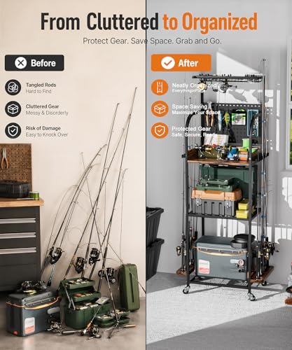 Fishing Rod Storage Rack with Shelves & Accessories Organizer