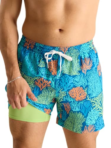 Men's Swim Trunks with Boxer Brief Liner - 5.5 Inch, Large Coral Quarrels, UPF 50+