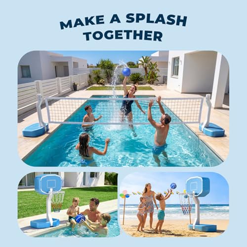 Pool Volleyball & Basketball Set - White-Blue 2-in-1 Inground Pool Game