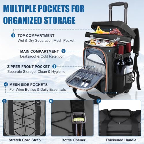 Black Backpack Cooler with Wheels - 50 Can Rolling Cooler with Handle, 2-in-1 Trolley for Beach Camping Travel