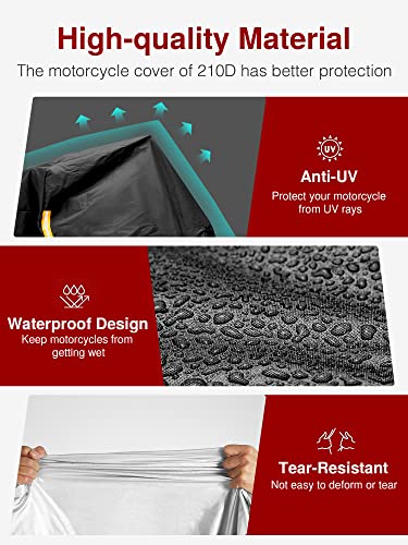 Heavy Duty Waterproof Motorcycle Cover with Reflective Strips & Lock Holes - Fits Up to 105 Inch Bikes