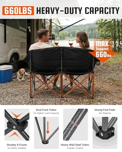 KingCamp Double Camping Chair 2-Person Folding Chair with Cup Holders - Black, 660lbs