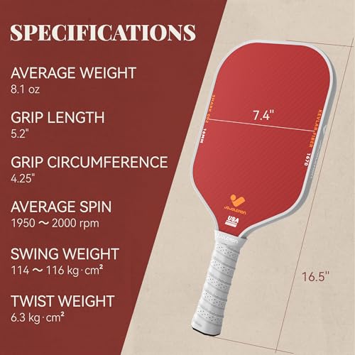 Pickleball Paddle - Carbon Fiber, 16mm Shark Power Core, Spin & Control - Red Variation