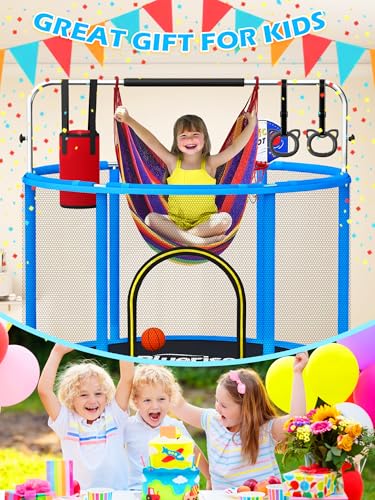 Blue 6-in-1 60-Inch Indoor & Outdoor Kids Trampoline with Enclosure, Safety Net & Accessories