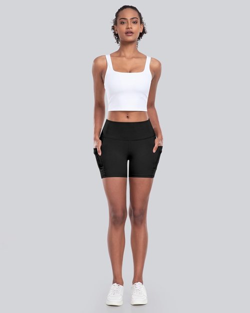 CHRLEISURE Women's High Waisted Biker Yoga Shorts - Tummy Control, 5-Inch Pocketed Spandex Gym Shorts