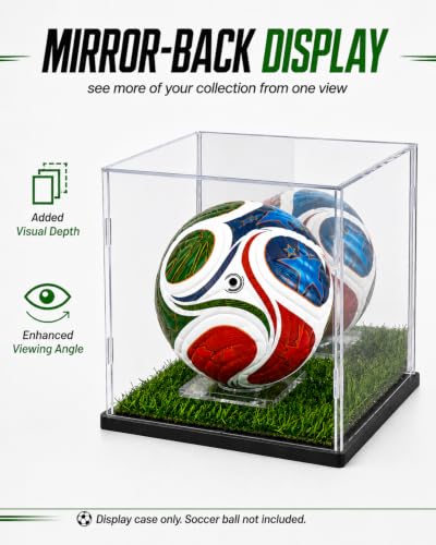 Acrylic Mini Soccer Ball Display Case with Mirror Back & Turf Base - 7.5"Lx7.5"Wx7.9"H, Variation of Acrylic Case for Mini Soccer