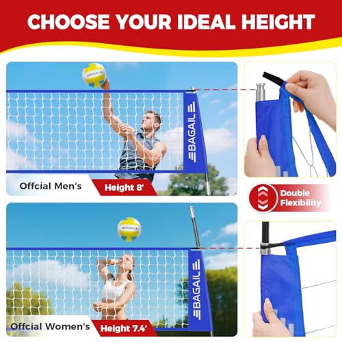 BAGAIL 12ft / 20ft Portable Volleyball Net with Adjustable Height - Blue, Heavy-Duty Frame & Carry Bag