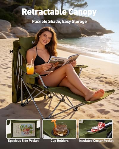 AKSOUL Green Folding Camping Chair with Shade & Cup Holder - Portable Beach & Outdoor Seat, Supports 330 lbs