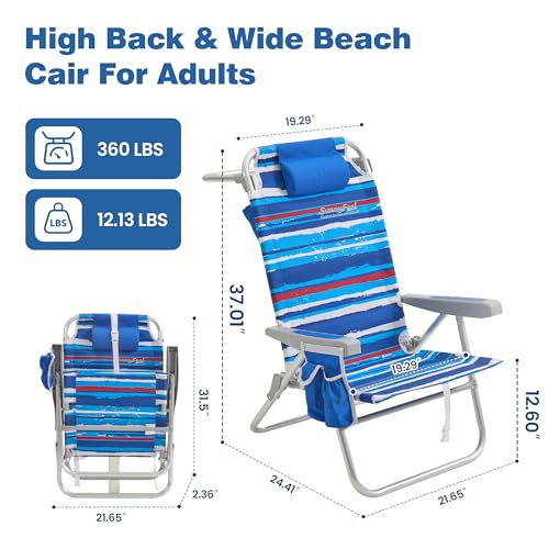 Blue Striped High Seat Beach Chair for Adults with Cooler & Cup Holder - 5 Recline Positions