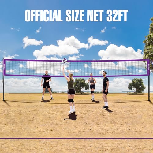 Purple SPOYNAL 32FT Outdoor Portable Volleyball Net Set with Adjustable Height & Winch