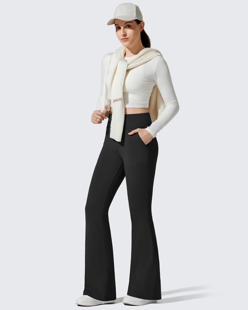 G4Free Fleece Lined Pants Women High Waist Flare Winter Leggings with Pockets Thermal Trousers for Yoga Causal Workout(Black,M,31'')