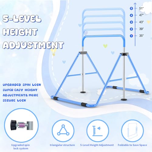 Blue Safly Fun Foldable Kids Gymnastics Bar, Adjustable 35-51 Inches, Sturdy & Portable Indoor Outdoor Equipment
