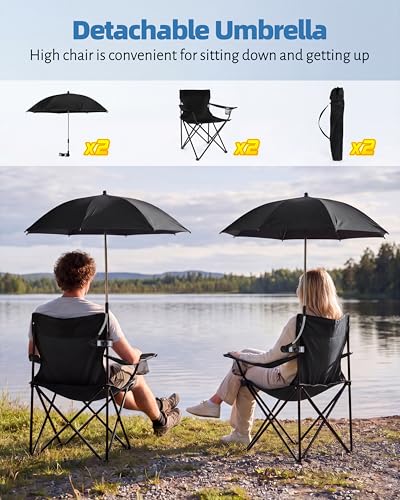 HaSteeL 2 Pack Black Folding Camping Chairs with Detachable UV Umbrellas, Portable Beach & Lawn Chairs, Supports 275lbs