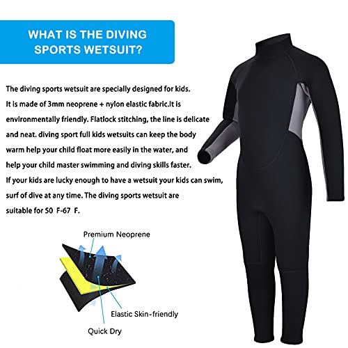 Kids 3mm Neoprene Wetsuit Fullsuit for Girls Boys - Gray, Medium