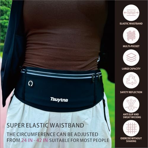 Black Running Belt for Women & Men with Water-Resistant Phone Holder, 3 Pockets, Reflective Safety Design