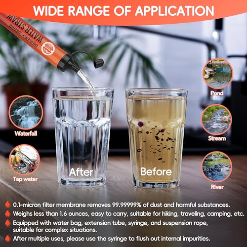 Orange Water Filter Straw 8 Pack for Camping Hiking Survival Gear