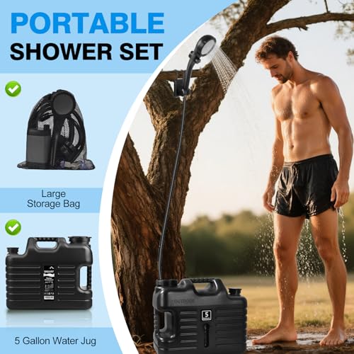 Digury Black Portable Camping Shower Kit with 5-Gallon Water Jug, Rechargeable, Waterproof Pump