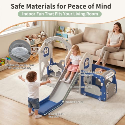 BIERUM 5-in-1 Bus Toddler Playground Set Blue & Gray for Kids 1-3