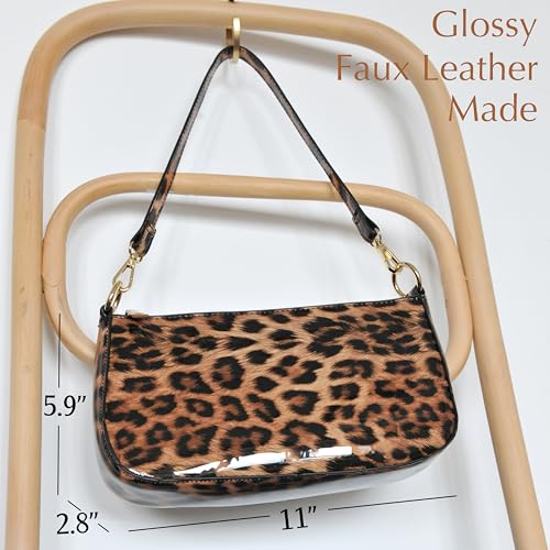 Brown Leopard Glossy Patent Vegan Leather Shoulder Bag - 90s Clutch Purse for Women