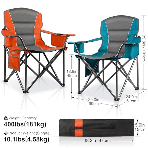 2 Pack Padded Folding Camping Chairs - Heavy Duty Support 400 Lbs, Orange & Blue