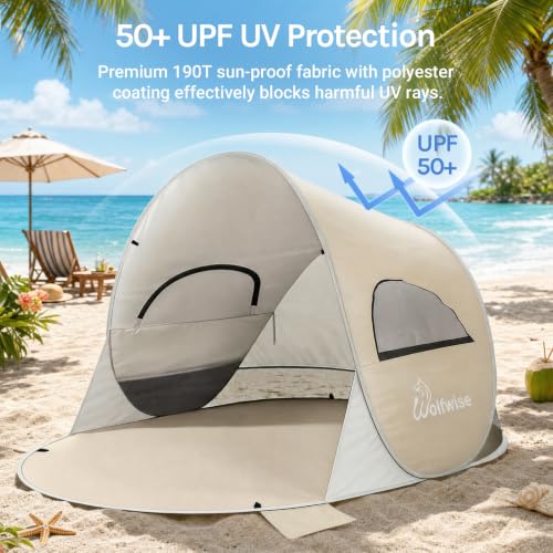 Wolfwise Sandbeige Pop Up Beach Tent for 3 Persons - Easy Setup Sun Shade Shelter