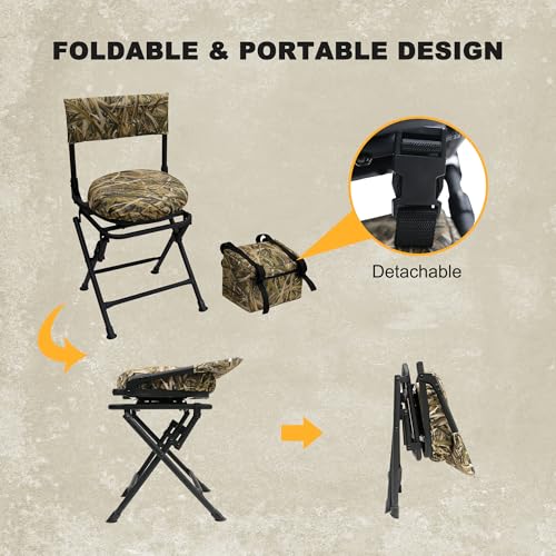 MDSTOP No. 3 Reed Camo 360 Swivel Hunting Chair for Ground Blind, Silent & Folding