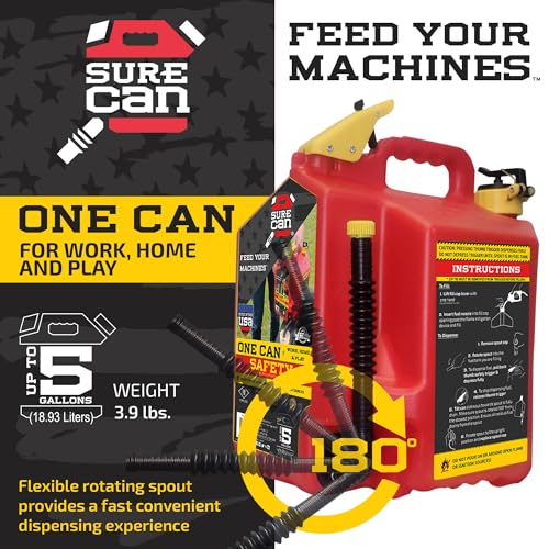 Self-Venting 5 Gallon Gasoline Storage Container with Rotating Spout - Type II Safety Can - Red