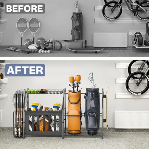 Garage Sports Equipment Organizer Stand for 2 Golf Bags and Balls