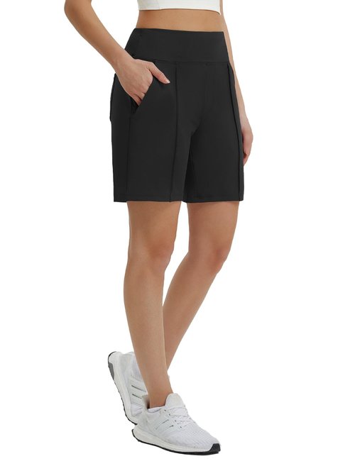 baleaf Women's 7 Inch Bermuda Long Shorts with Zipper Pockets High Waisted Athletic Shorts Walking Dressy Casual Loose Black L