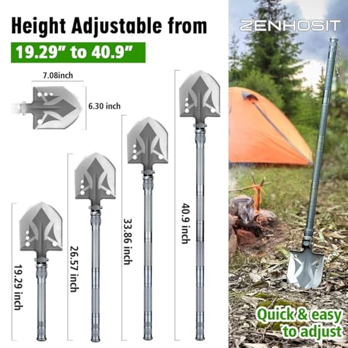 ZENHOSIT Folding Tactical Shovel & Hatchet Combo with Extendable Handle, Flashlight & Accessories for Camping & Outdoors