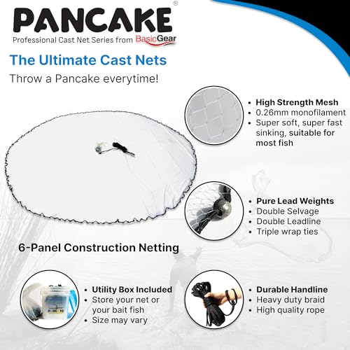 BasicGear Pancake Cast Net 6ft Radius / 1.25lb with 1/4" Mesh - Heavy Duty, Easy Catch