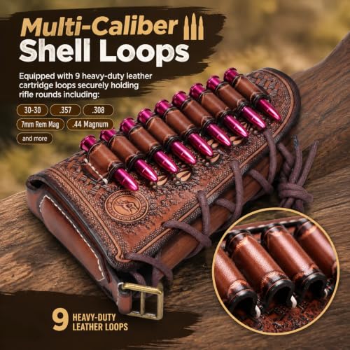 TOURBON Vintage Leather Cheek Rest with Shell Holder for Rifle & Shotgun - No Drill, Adjustable Strap