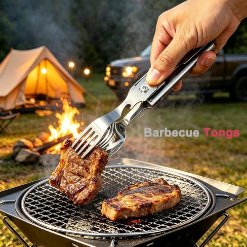 5-in-1 Camping Utensils Set with Pouch - Folding Fork Knife Spoon