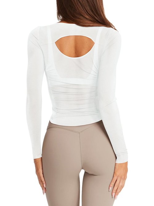 LASLULU Womens White Long Sleeve Workout Tops Active Mesh Sheer See Through Fitted Open Back Gym Yoga Athletic Running Tops Wrap Top Pilates Outfits (White, Small)