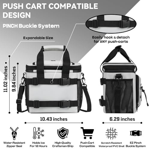 Light Grey Golf Cart Cooler Bag with Magnetic Lid, 12-Can Insulated Soft Cooler & 3 Ice Packs