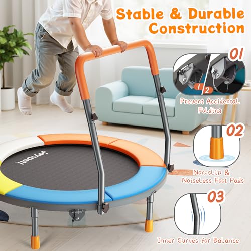 JOY SPOT! 36-Inch Foldable Toddler Trampoline with Adjustable Handle - Safe & Quiet Mini Rebounder for Indoor & Outdoor Play, Classic