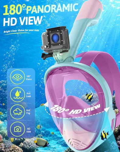 Kids Full Face Snorkel Mask Set 2 Pack - Blue Yellow & Pink Cyan, Anti-Leak, 180° View