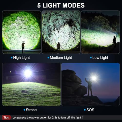 Rechargeable LED Flashlight 99000 Lumens Waterproof Handheld Camping Light with 5 Modes & USB-C