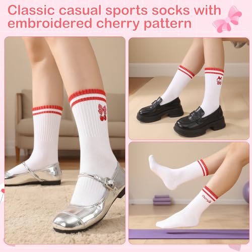 Cute Cherry Crew Socks for Women and Girls - 6 Pairs White Socks