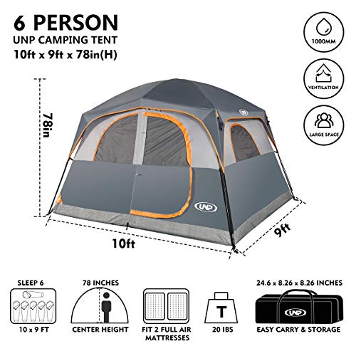 UNP Gray 6-Person Waterproof Family Camping Tent with Rainfly, Easy Setup