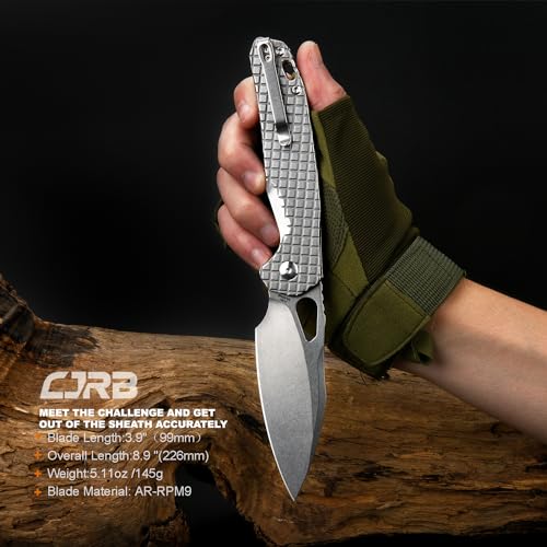 CJRB Frack Pocket Knife Stonewash/CNC, 3.9” AR-RPM9 Steel Blade, PVD Coating, Frag Pattern Handle, Locking EDC Knife for Outdoor Camping