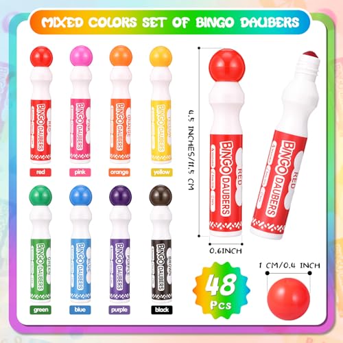48 Pack Colorful Bingo Dot Markers - 8 Classic Colors, 15ml Capacity, Kids & Classroom Use