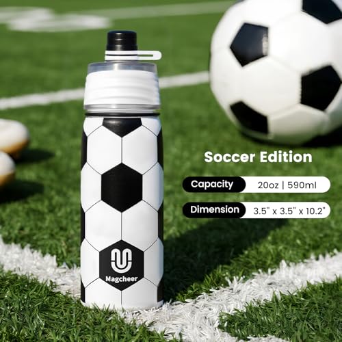 Soccer Water Bottle 20oz Insulated Stainless Steel with Mist Spray - Kids Gift