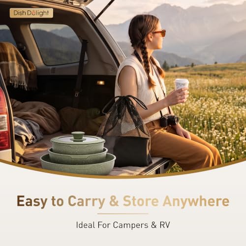 DishDelight Green Camping Pots and Pans Set with Detachable Handle, Non-Stick, 10-Piece