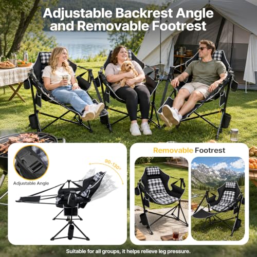 ZENPETIO Heavy-Duty Camping Chair with Footrest & Thick Cushion Black & Grey – Supports 500 lbs