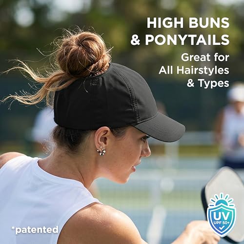 Women's Active High Bun Baseball Cap - Black - Sporty Hair-Friendly Hat