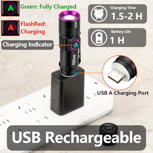 Mini UV Flashlight 365nm Black Light Rechargeable for Pet Urine Detection and Mineral Identification