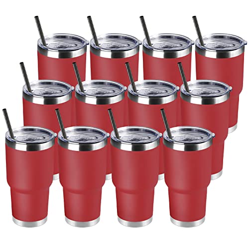 30 oz Insulated Stainless Steel Travel Tumbler with Lid & Straw - Red, 12 Pack