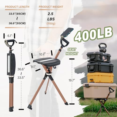 Outdoor Walking Cane with Seat - Foldable Tripod Stool Support 400lb